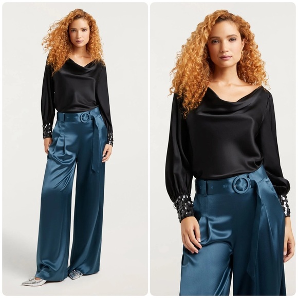 cinq a sept Tops - New! Cinq à Sept Black 100% Silk Blouse with Sequin Cuffs 🖤 Small NWT! Holiday
